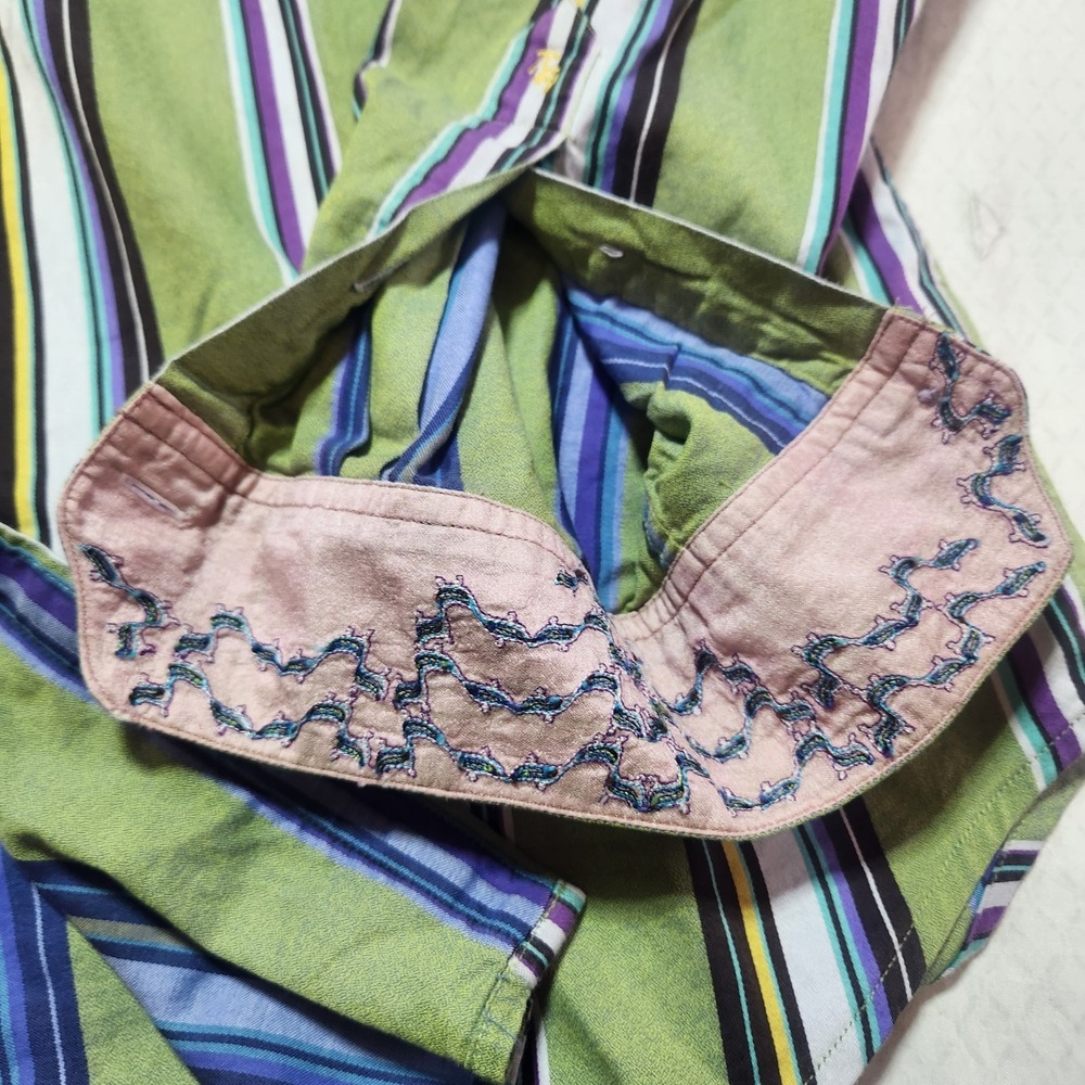 Robert Graham Mens Large Green Striped Button Up Shirt with Turn Cuffs - Picture 5 of 16
